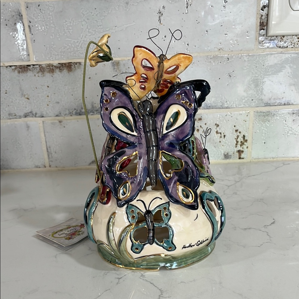 NWT Blue Sky Butterfly Ceramic Tea Light House by Heather Goldminc